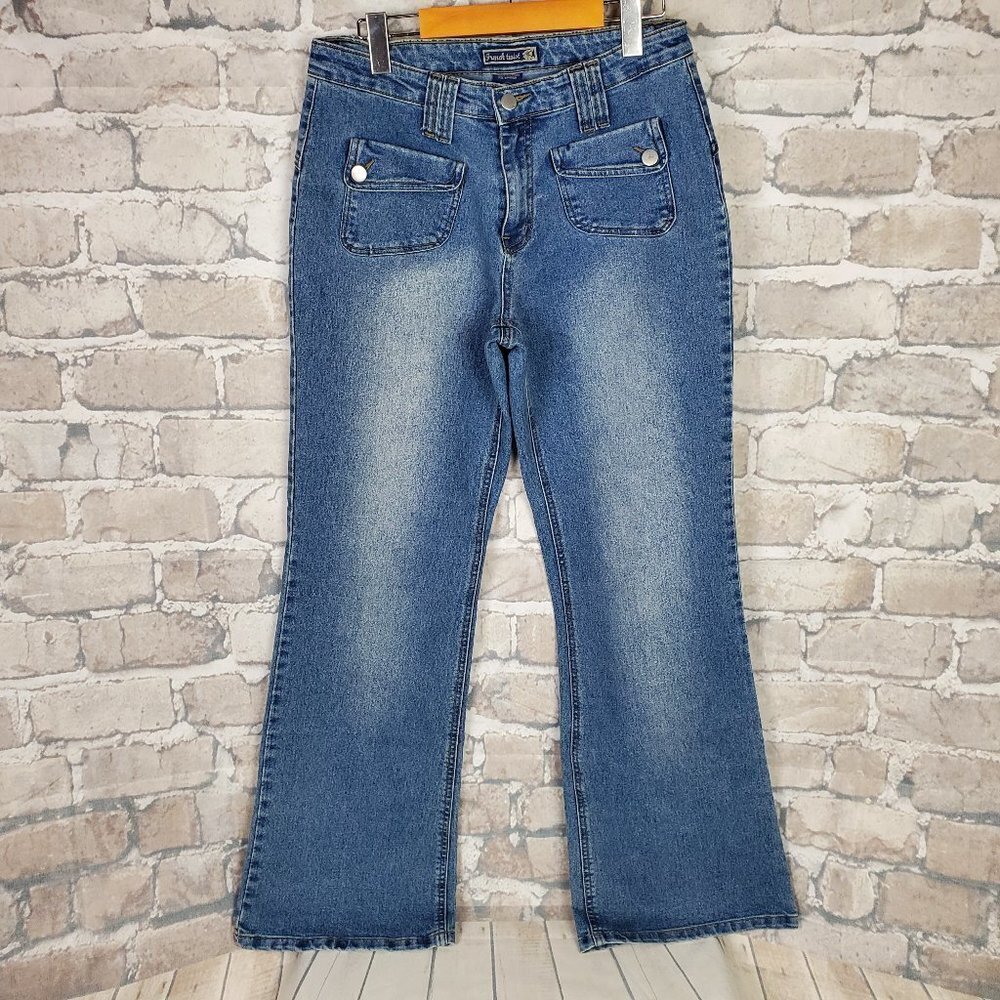 French Twist  Flare High Waist Jean Front Patch Pocket Size 10 Medium Wash